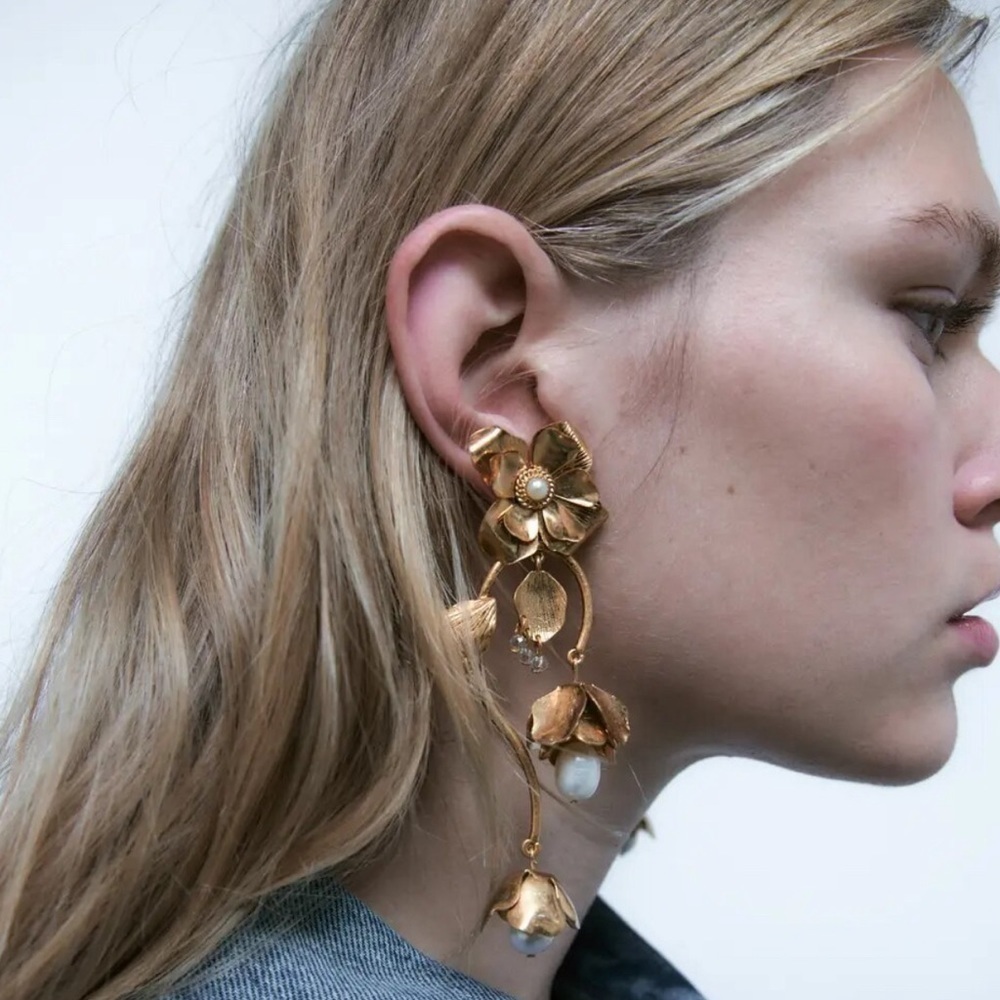 Gold Flower Pearl Drop Earrings